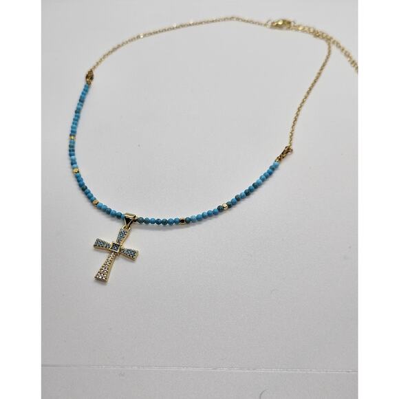 Handmade Blue Turquoise Cross Necklace Choose Gold Plate Adjustable Chain - Picture 9 of 9